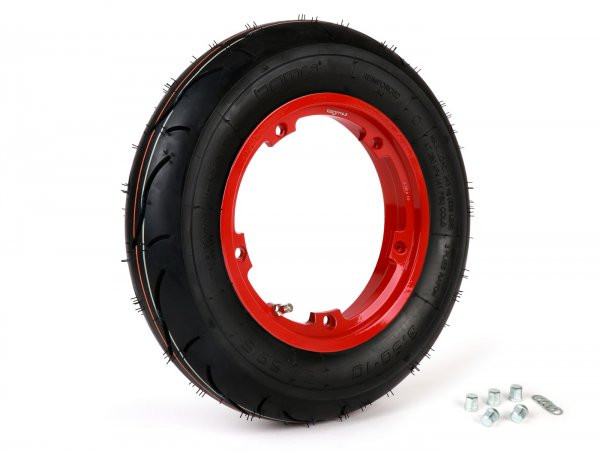 Komplettrad (Band fahrbereit naar Velg montiert) -BGM Sport, Slanglos, Vespa Lang frame PX, Sprint, Rally, GT, GTR, TS, T4, LML Star/Stella- 3.50 - 10 Velg TL 59S (reinforced) - Velg 2.10-10 rood