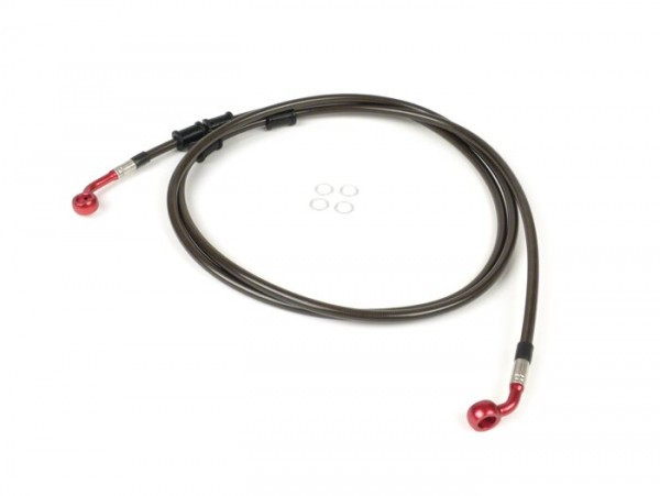 Brake Hose, Rear, For Genuine Brake Caliper Spiegler Hose: Stainless Steel (colour: Carbon), Fitting: Aluminium (red)