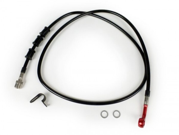 Remleiding achter voor BremsTang Brembo P32g, P34g, Frando spiegler Leitung: RVS (zwart), Fitting: Aluminium (rood)