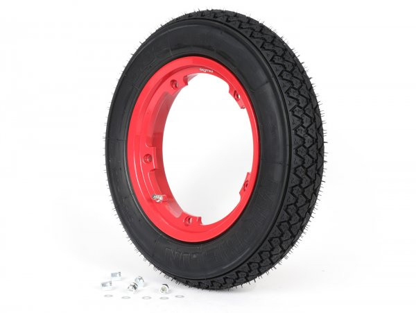 Wheel Assembly (tyre Mounted On Rim Ready To Drive) Michelin S83, Tubeless, Vespa Smallframe V50, Pv, Et3, Pk 3.00  10 Inch Tl 42j  Wheel Assemblyrim BGM Pro 2.1010 Aluminium Red