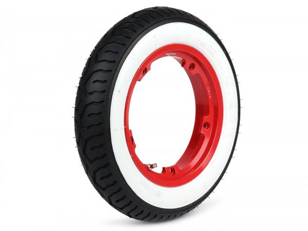 Wheel Assembly (tyre Mounted On Rim Ready To Drive) Mitas Mc12 White Wall, Tubeless, Vespa Smallframe V50, Pv, Et3, Pk 3.00  10 Inch Tl 42j  Wheel Assemblyrim BGM Pro 2.1010 Aluminium Red
