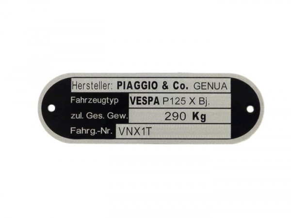 Vehicle Id Number Plate Oem Quality  Vespa P125 X Vnx1t