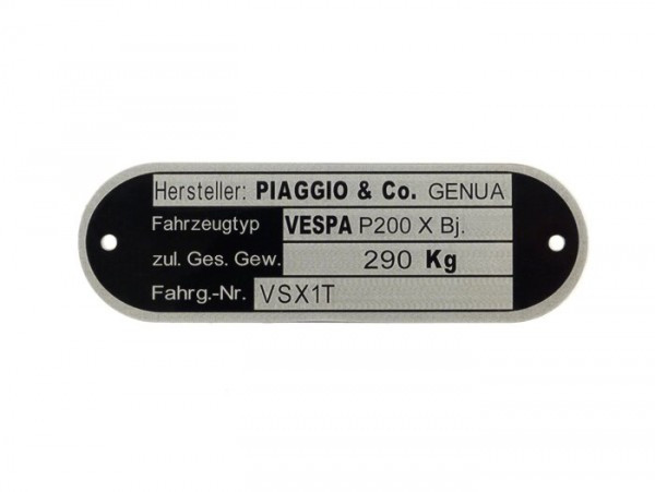 Vehicle Id Number Plate Oem Quality  Vespa P200 X Vsx1t