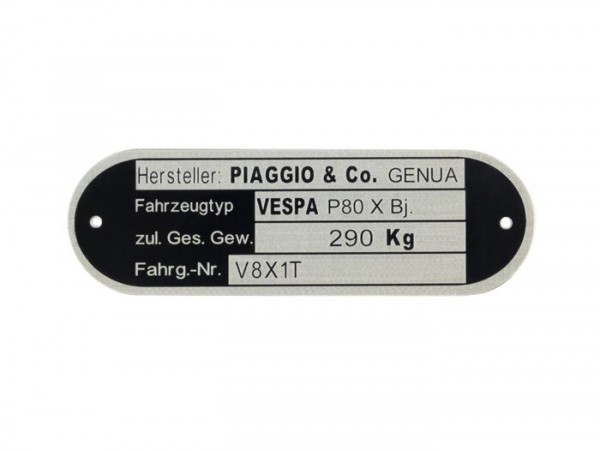 Vehicle Id Number Plate Oem Quality  Vespa P80 X V8x1t