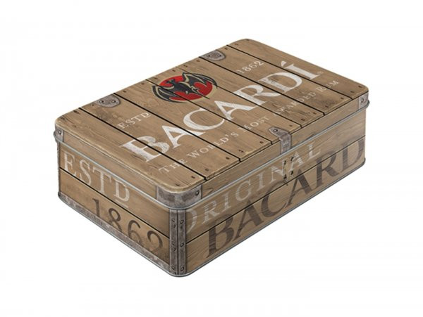 Storage Tin, Flat Nostalgic Art "bacardi  Wood Barrel Logo"  23x16x7cm (2.5l)