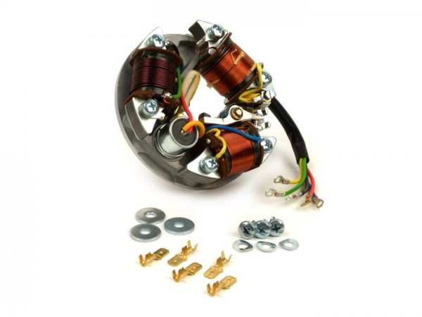 Ignition Vespa Stator (point Set Ignition, 5 Cables, 6v, 3 Coils, Long Point Set, W/o Indicators)